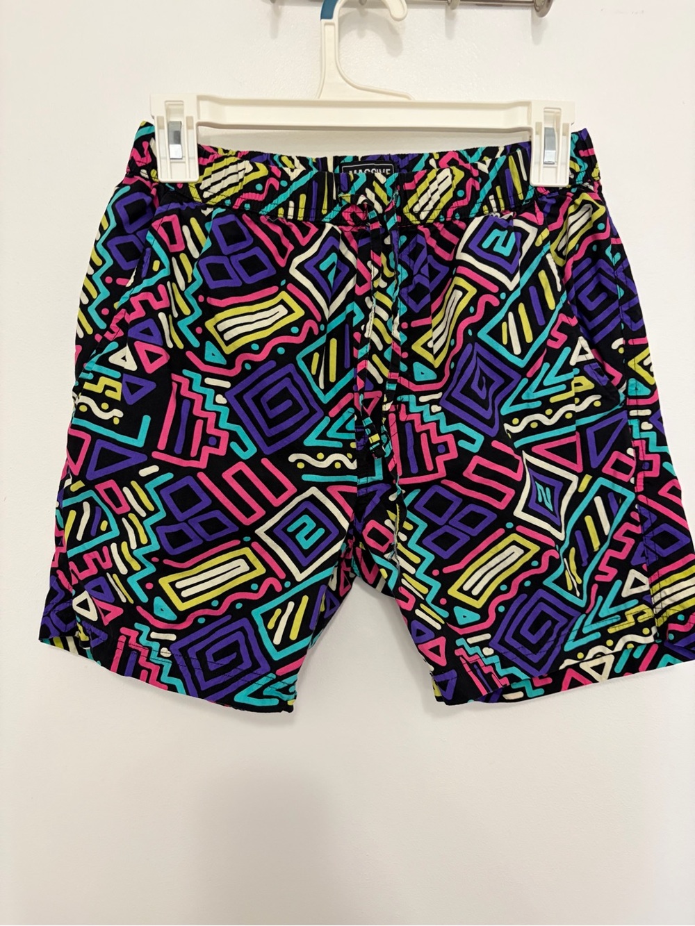 Men's Black Retro Geo Swim Trunks — Multi-Color Pattern